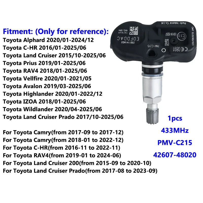 

42607-48020 PMV-C215 Датчик давления в шинах для Toyota Alphard C-HR Prius RAV4 Highlander Camry 2018-2022 гг. 433 МГц TPMS 4260748020