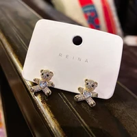 cute rhinestone crystal bear stud earrings for women girl korean style fashion summer jewelry accessories party wedding gift