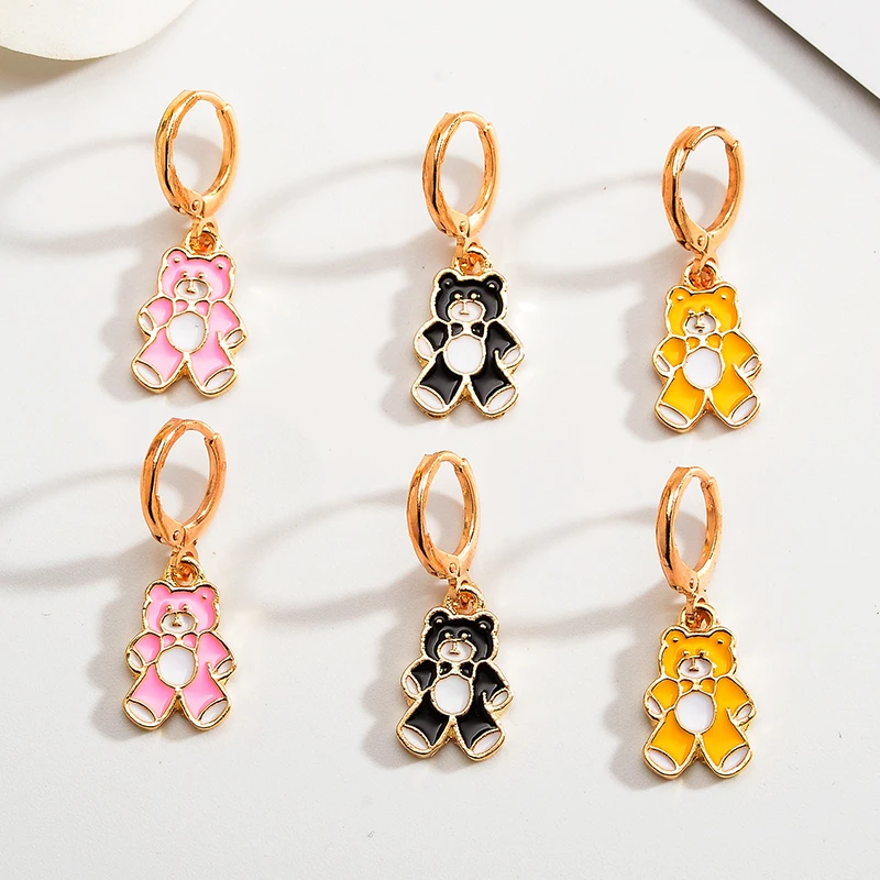

2Pairs Women's Earrings 2022 Enamel Alloy Color Cute Bear Girls Hoop Pendant Earrings Wholesale Fashion Jewelry Set Accessories