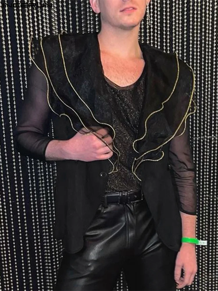 

Party Nightclub Style Tops INCERUN New Men Mesh Ruffled Sleeveless Waistcoat Fashion Well Fitting Loose Comfortable Vests S-5XL