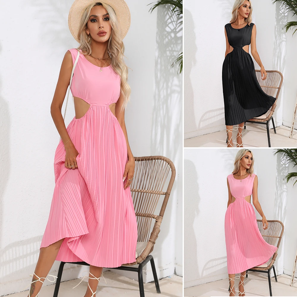 

Fashion Cut Out Waist Dress Summer Sleeveless Slim Long Dress Solid Color Pleated Dress Casual Party