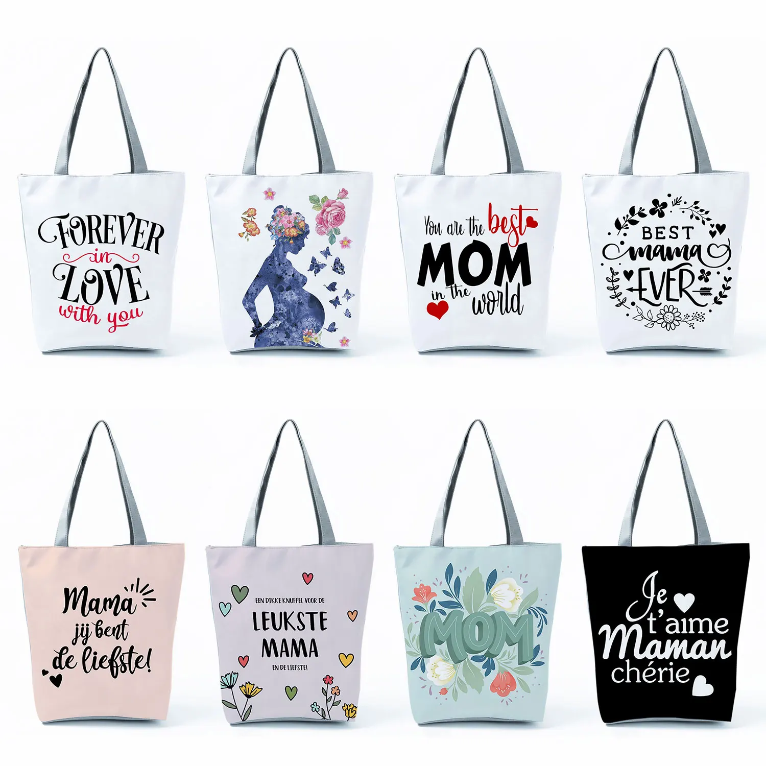 

Women Casual Handbags Super Mama Print Tote Bags Reusable Shoulder Bags Cute Cartoon Folding Lady Fabric Totes Gift Mom and Baby