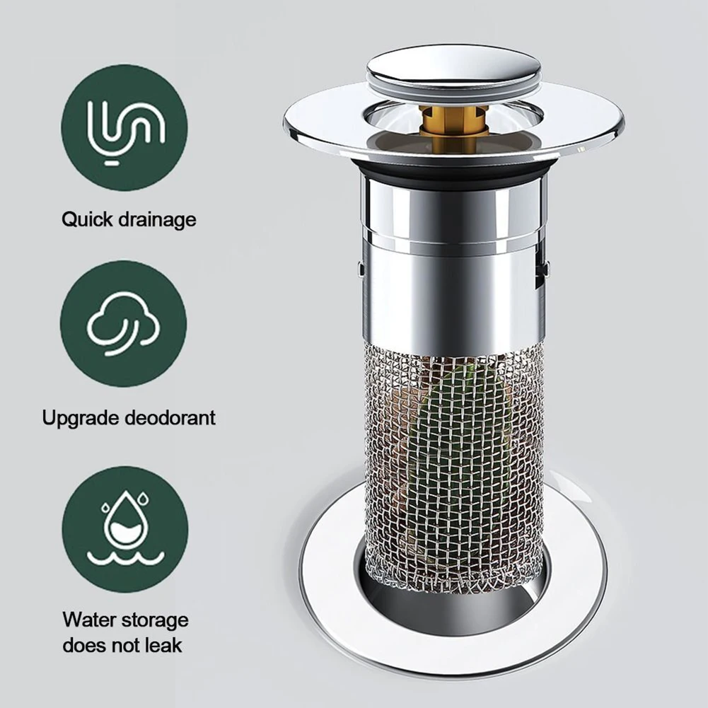 

Sink Drain Strainer Stainless Steel Pop-Up Wash Basin Leak Plug Anti-Odor Bouncing Core Sink Stopper Filter Bathroom Tool