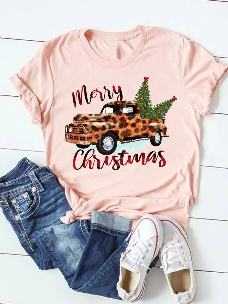 

Leopard Truck Trend Top Print T Shirt Merry Christmas Happy New Year Graphic T-shirt Women Clothing Clothes Fashion Basic Tee