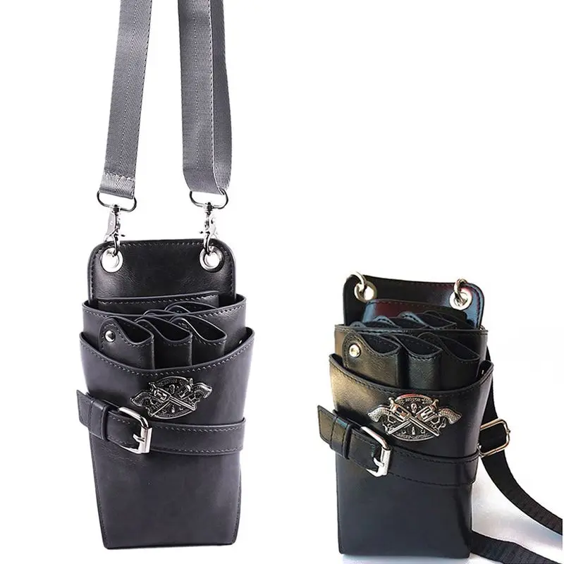 

2Pcs Leather Hairdressing Pouch Scissors Bag Waist Shoulder Belt Barber Pouch - Black & Gray