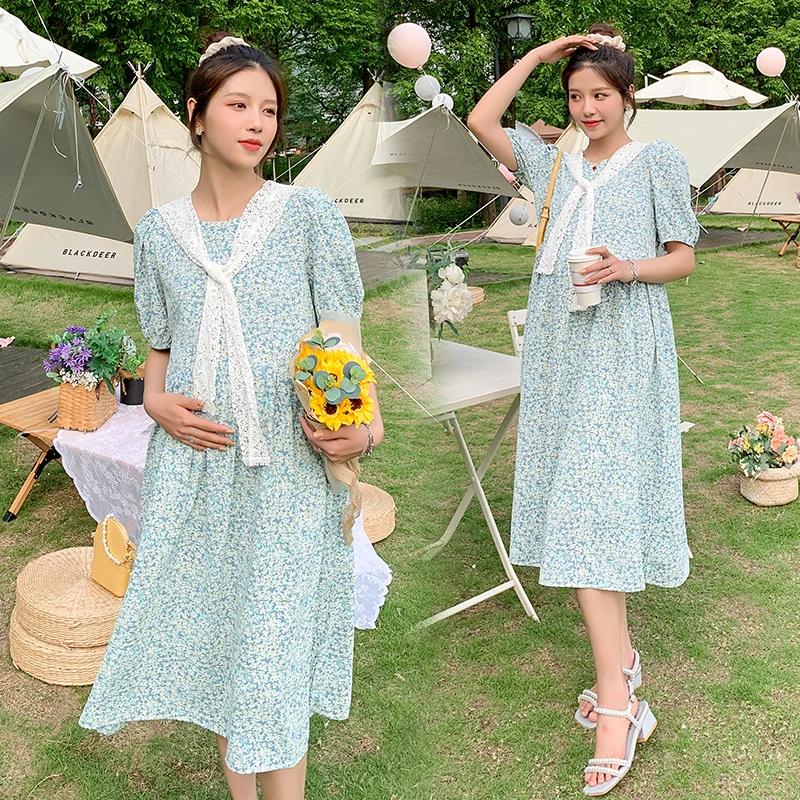 

9062# 2022 Summer Korean Fashion Maternity Long Dress Chic Ins A Line Floral Printed Clothes for Pregnant Women Lovely Pregnancy