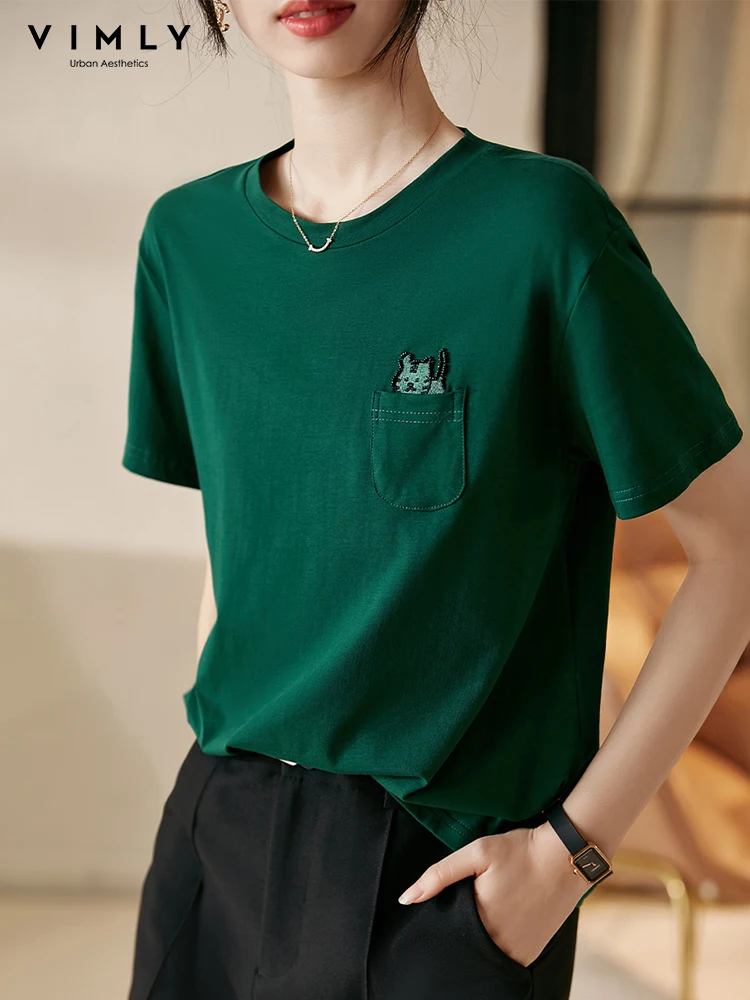 

VIMLY Summer New T-shirt for Women 2022 Casual Simple Pocket Design O-neck Loose Short Sleeve Tee Korean Female Clothing V3212
