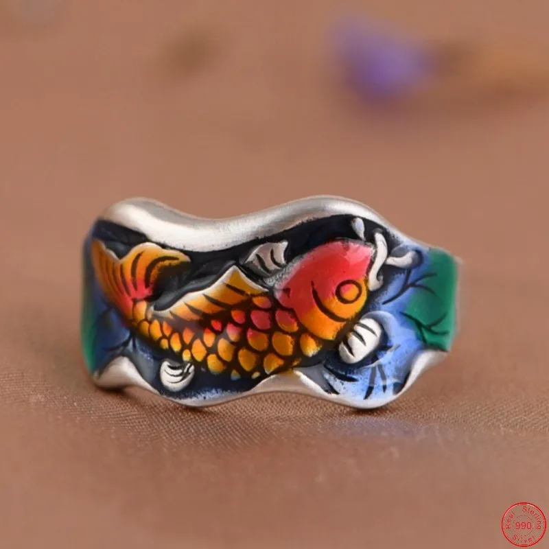 

Genuine S990 Sterling Silver Rings for Women New Women's Fashion Enamel Vintage Colorful Lotus Leaf Koi Fish Six Syllable Mantra