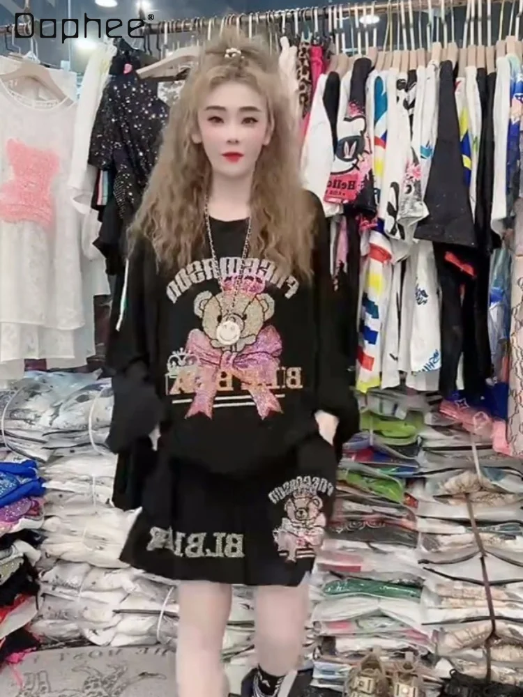 

Новинка лета 2023, футболка с рисунком тяжелой индустрии, подходящая ко всему модная повседневная футболка с шортами, комплект из двух предметов, женская одежда