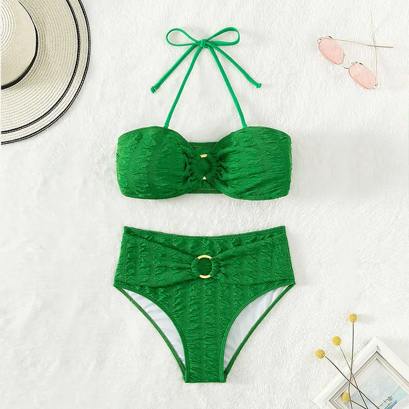

Sexy Green Strapless High Waist Ruffled Bikinis Set 2023 Beach Party Swimwear, Padded Bandeau Top Triangle Bottom, Steel-Free