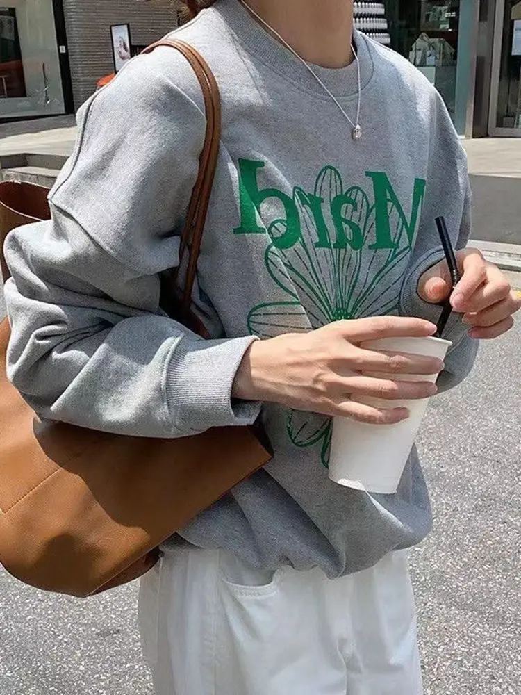 

Fall/Winter 2022 New Women Pullover Sweatshirt Crew Neck Long Sleeve Floral Print Sweatshirt Grey Hoodie