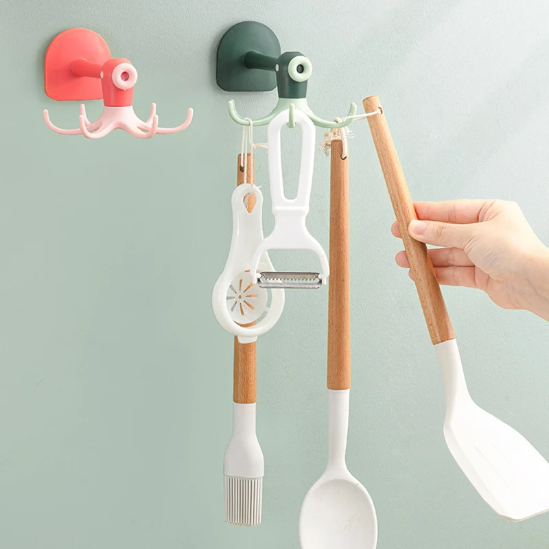 

360 Degrees Rotated Kitchen Hooks Self Adhesive 6 Hooks Home Wall Door Hook Handbag Clothes Hanger Hanging Rack For Kitchen