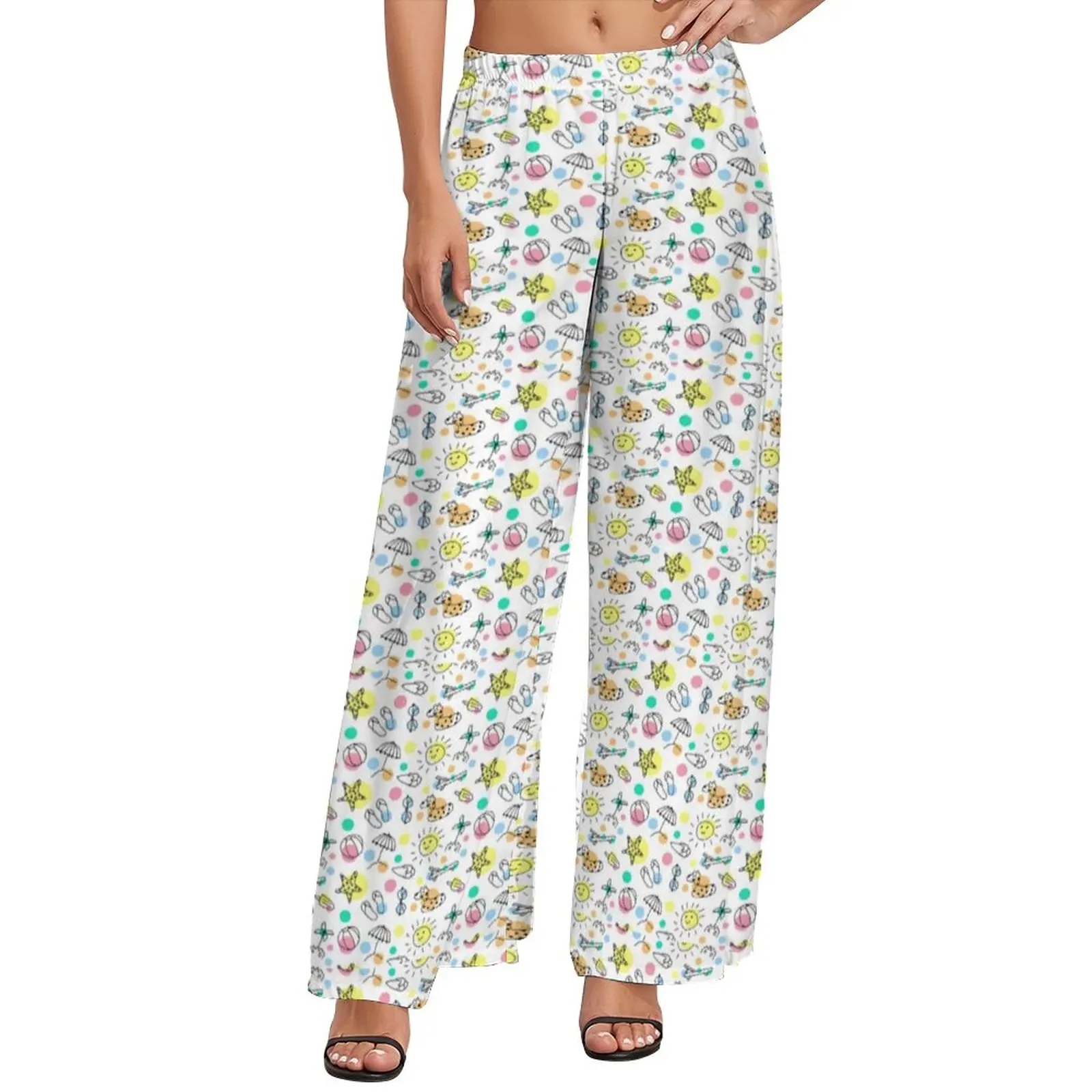 

Beach Vacation Pants High Waisted Summer Doodle Elegant Trousers Street Fashion Graphic Wide Pants