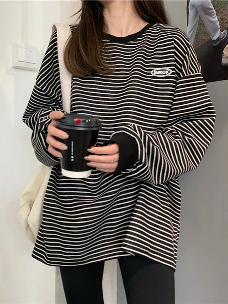 

Полосатые женские футболки, Весенние большие повседневные футболки для пар, Модные свободные топы с длинным рукавом для подростков, женские корейские ретро рубашки в стиле преппи