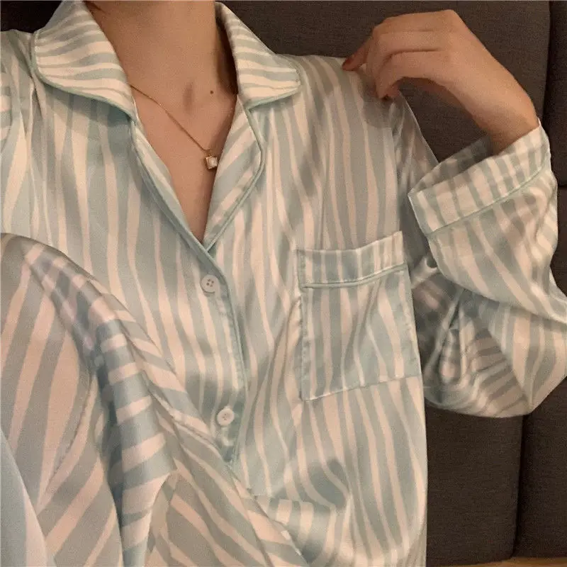 

QWEEK Women's Satin Pajamas Striped Trouser Suits Summer Room Wear Long Sleeve Clothing Sets Preppy Style Sleepwear Pyjamas