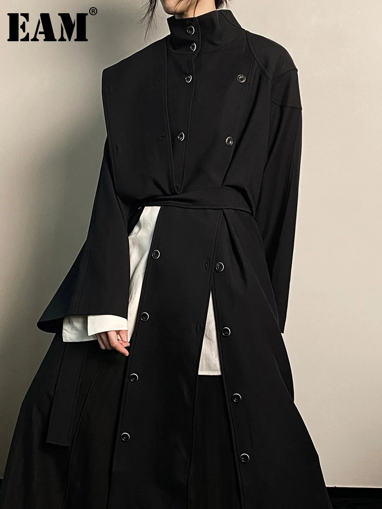 

[EAM] Women Black Irregular Slit Big Size Trench New Stand Collar Long Sleeve Windbreaker Fashion Spring Autumn 2023 1DH0755