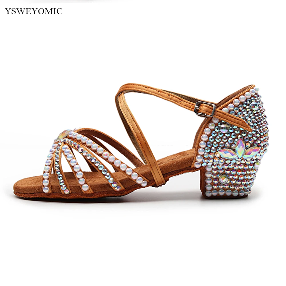 Child Latin Ballroom Dance Shoes 3.5cm Brown Black White Rhinestones Ballroom Salsa Latin Dance Shoes For Girls