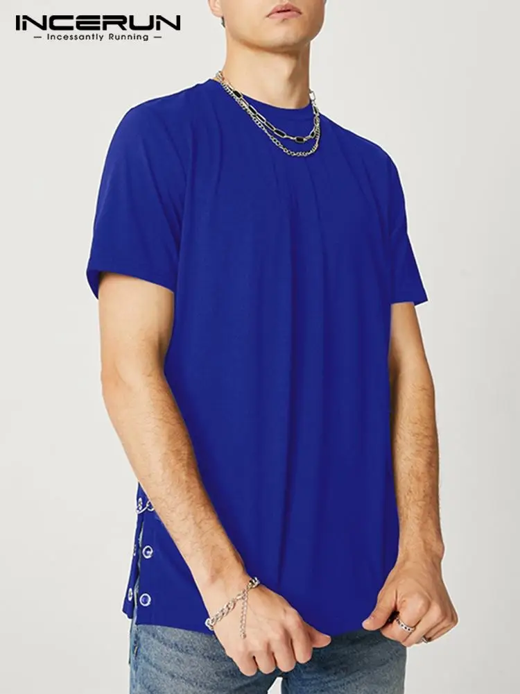 

Футболка INCERUN мужская с круглым вырезом, однотонная модная Базовая рубашка с коротким рукавом, с разрезом сбоку, уличная одежда, повседневна...