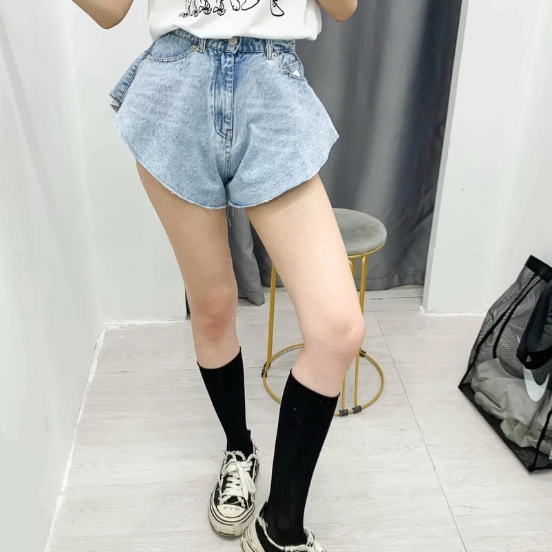 Casual Blue Denim Shorts Skirts High Waist Ruffle Hem All-Match Loose Ruched Shorts 2021 Summer Tide Female New Fashion Clothing