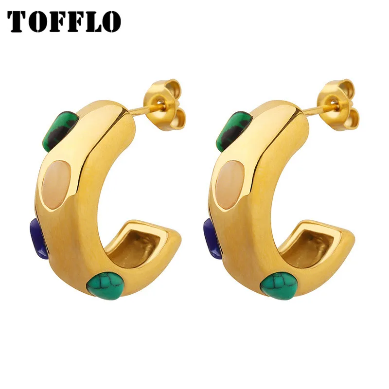 

TOFFLO Stainless Steel Jewelry Cat's Eye Turquoise Inlaid C-Shaped Earrings Women's Fashion Earrings BSF118