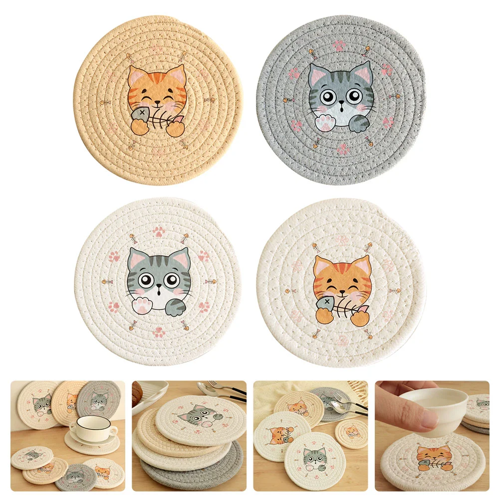

4pcs Woven Cup Cushions Desktop Cup Mats Woven Coasters Table Decorations