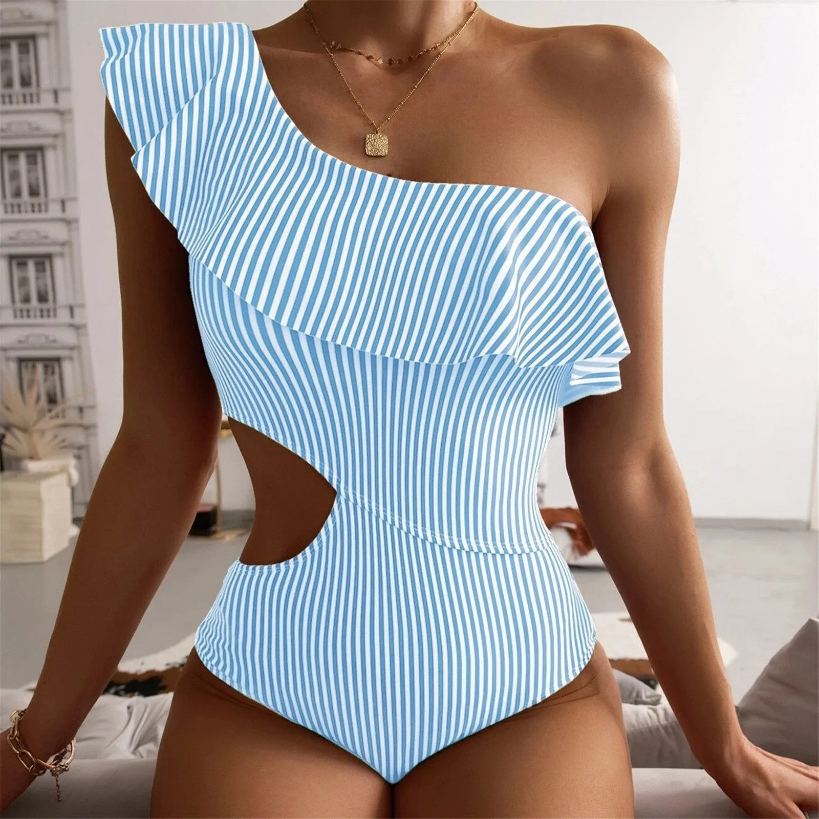 

Sexy Women's Siamese Swimwear Flounces Stripe Print Tight Sexy Temperament beachwear Swimsuit Bikinis Biquinis Feminino