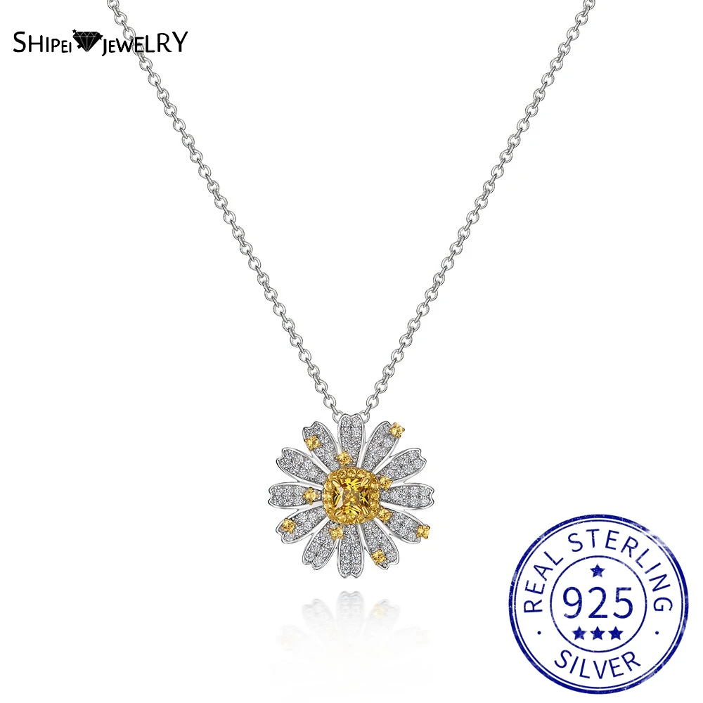 

Shipei 100% 925 Sterling Silver Daisy Flower Created Moissanite Citrine Gemstone Party Pendant Necklace For Women Fine Jewelry