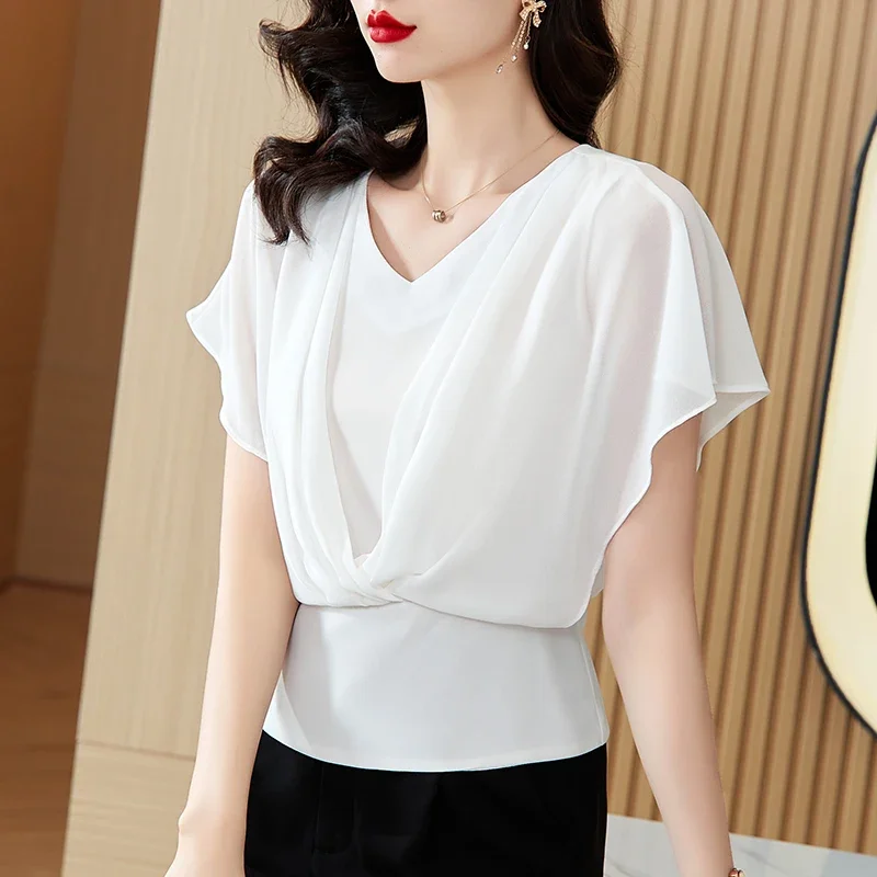Модная летняя женская блузка с коротким рукавом белая шифоновая v-образным