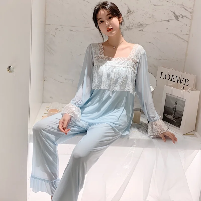 Long-Sleeved Leisure Tops Suit Lace Princess Cute Modal Pajamas  ชุดนอน  woman pijama set  пижама женская