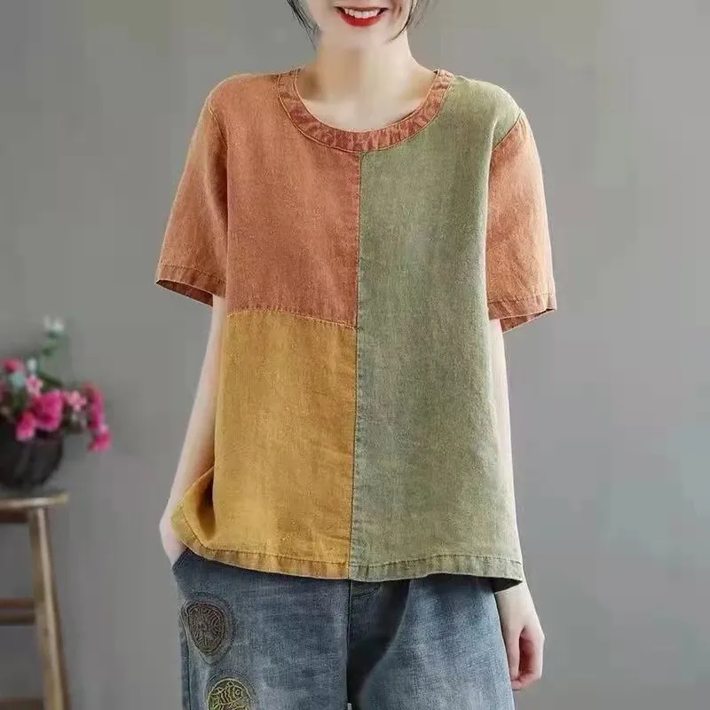 

2021 New Arrival Summer Women Loose Casual Short Sleeve O-neck T Shirt All-matched Cotton Linen Patchwork T-shirt W432