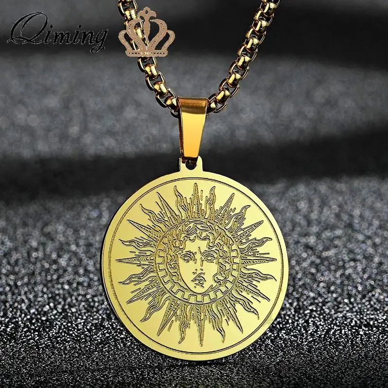 

QIMING God Of The Sun Helios Pendant Necklace Women Amulet Stainless Steel Jewelry Goddess Ancient Greek Necklace