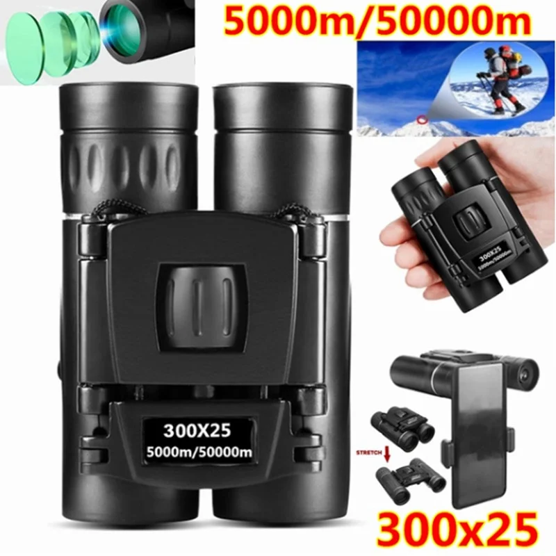 

300x25 Mini Binoculars Portable Telescope 50000M Long Range Powerful Collapsible Night Vision BAK4 Optics for Hunting Camping