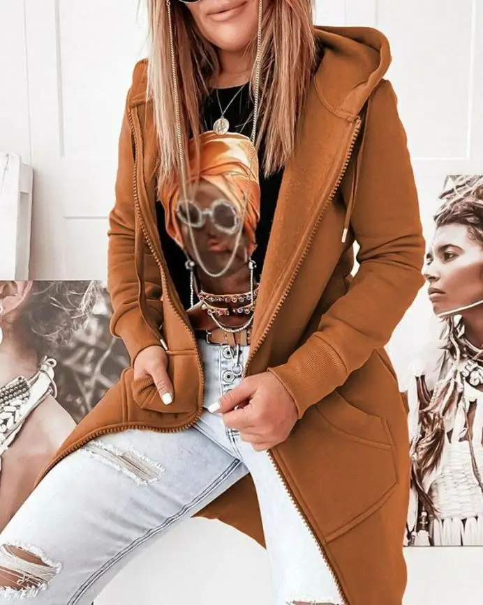 

Slim sweatshirt pattern zipper hoodie Vintage Junk Shopping Goth jacket Fall coat Pocket Detail Zip Up Hooded Longline Coat