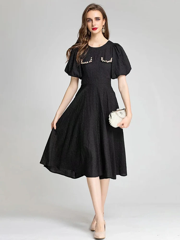 

Svoryxiu Fashion Designer Summer Elegant Pink Black Midi A-LINE Dress Women O-neck Puff Sleeve High Waist Solid Casual Dress