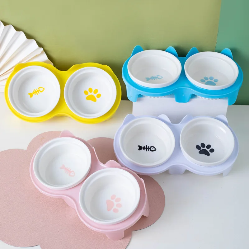 

Cat Ceramic Double Food Water Bowls Protect Cervical Spine Pet Drinking Eating Feeders with Stand Small Puppy Dogs Feeders