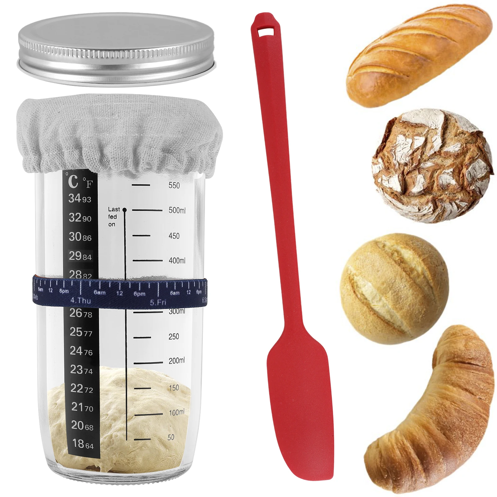 

6Pcs Sourdough Starter Jar Kit with Scale Thermometer Heat Resistant Sourdough Starter Container with Metal Lid Clear Sourdough