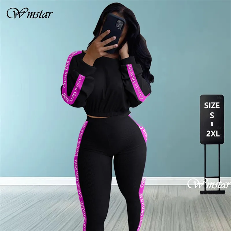 

Women 2 Piece Sets Fall Clothing Suit Letter Patchwork Ribbed Bodycon Outfits Tracksuit Matching Set Girl Wholesale Dropshpping