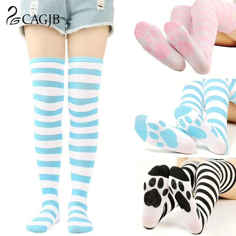 

1Pair Lolita Over Knee Socks Women Striped Thigh High Stockings Long Socks Anime Cute Cat Paw Cosplay Stockings JK Long Stocking