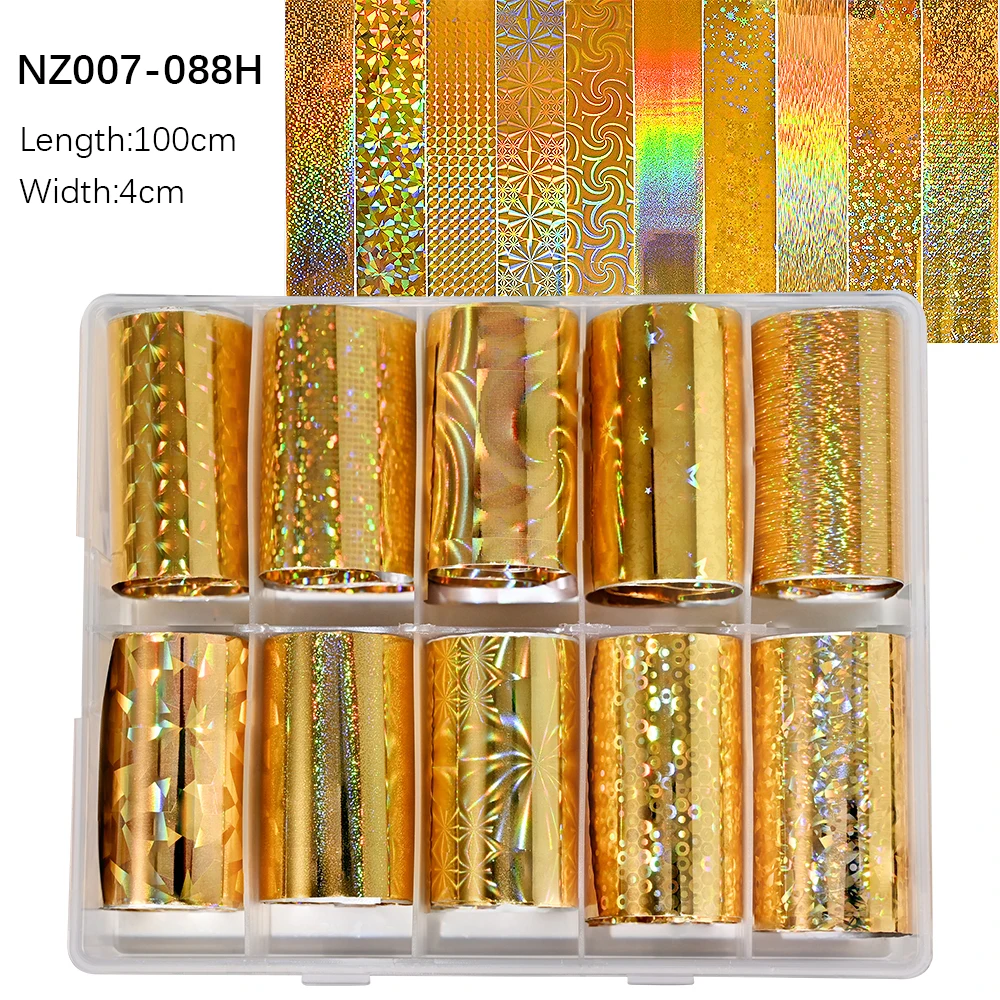 

4X100cm Holographic Nail Foil Set 10Rolls 1Box Gold Laser Transfer Sticker Slider Nail Decals DIY Manicure Starry Sky Nail Decor