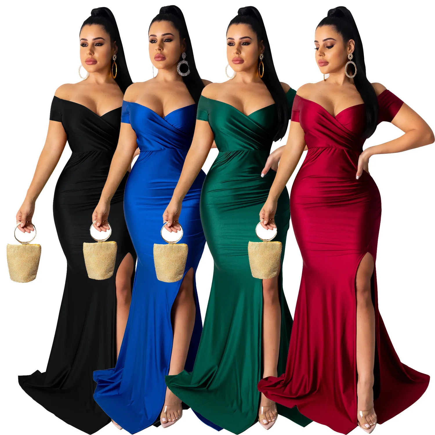 

Summer new women's long skirt short sleeve slit dress elegant V-neck party evening dress sexy nightclub club clothes