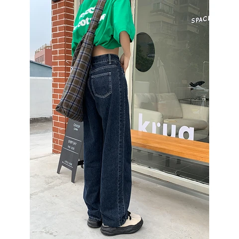 Vintage High Waist Women Grey Blue Jeans Korean Fashion Streetwear Wide Leg Jean Female Denim Trouser Straight Baggy Denim Pants