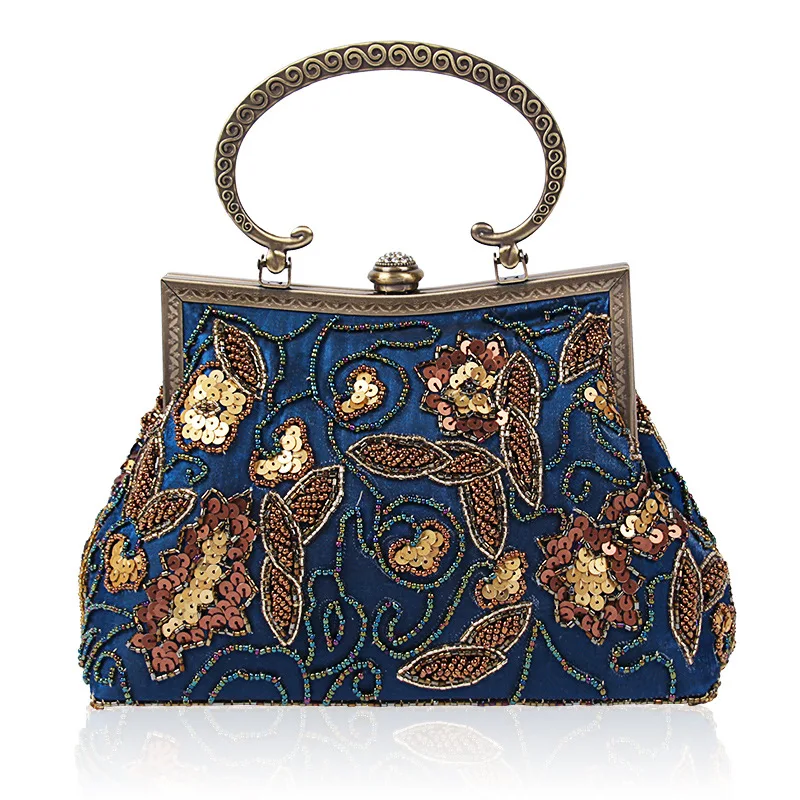 Retro Ethnic Style Women Clutch Evening Bag Fashion Floral Beaded Sequin Lady Clutches Metal Chain Party Shoulder Messenger Bags