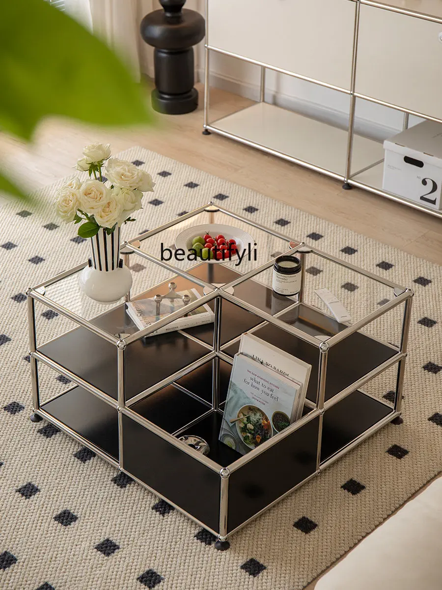 

zq Glass Coffee Table Small Apartment Retro Module Combination Tea Table Square Double Layer Tea Table