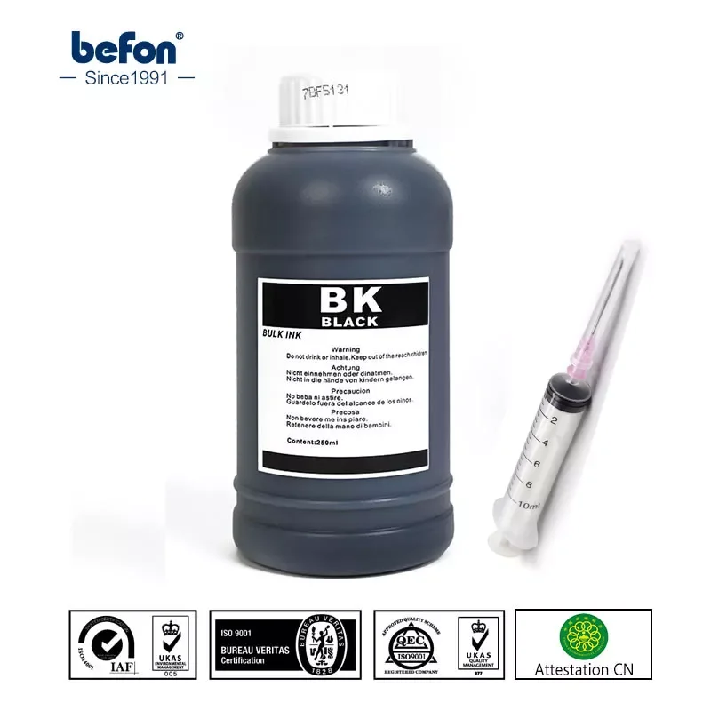 

befon Black CISS Refilled Dye Ink Photo Universal Ink Compatible for HP Canon Epson Brother Printers and Ink Cartridges 250ml