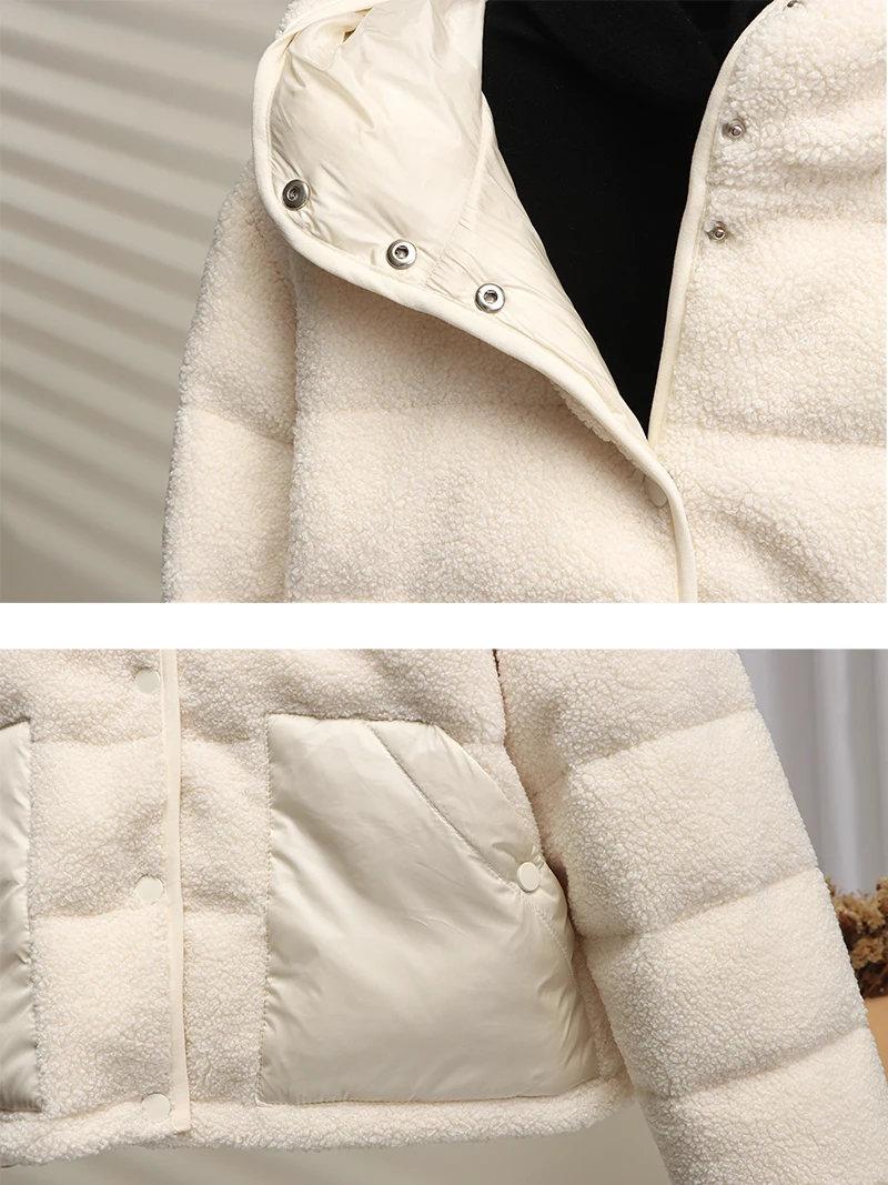 2024 Зимний новый пуховик женский короткий 90% белый утиный пух берберский флис