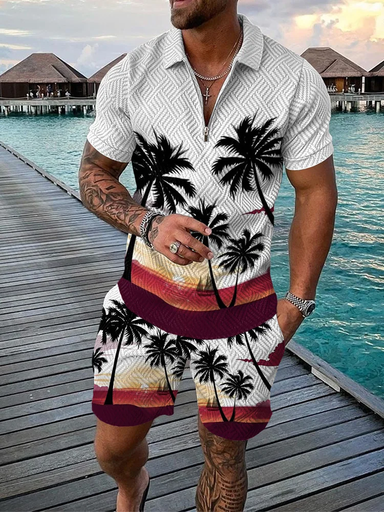 Hawaiian Men Tracksuit Coconut Tree 3D Printed Clothing Beach Fashion Casual 2 Piece Summer Short Sleeved Polo Shirt Shorts Set