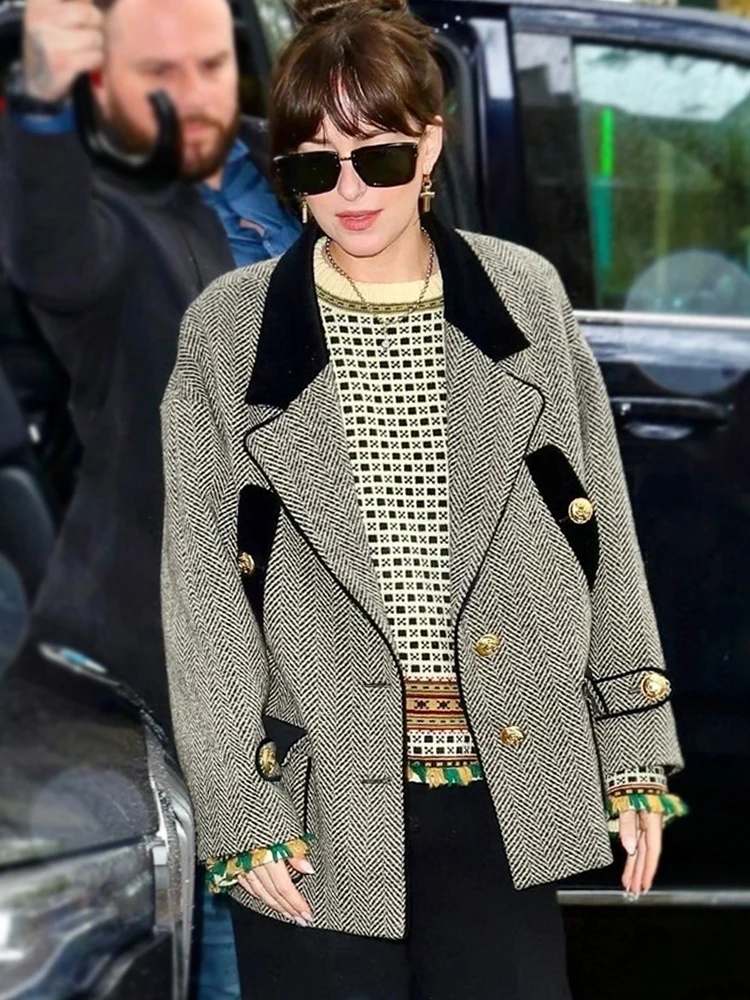 

Женское шерстяное пальто в стиле ретро, Свободное пальто в английском стиле с контрастными лацканами, новая осенняя модная куртка, костюм, куртка