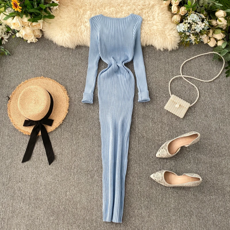 

Women Autumn Knitted Dress V Neck Sexy Slim Elastic Oversized Basic Bodycon Long Dress Winter knit Warm Sweater Dress