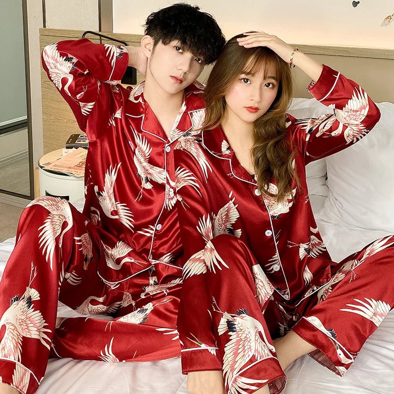 Lovers pajamas in the spring and autumn style ice silk red summer leisure wear long sleeve two-piece newly married men and women