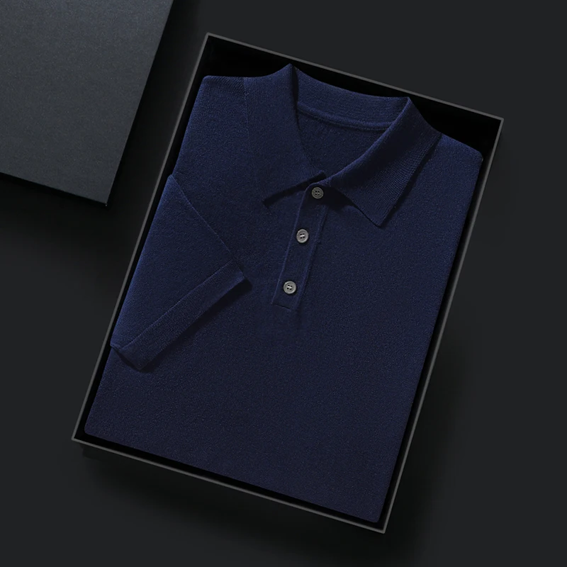 Men's PoLo Neck cashmere Thin Short Sleeve Fashion Casual Cashmere T-Shirt Business Thin Cashmere Top